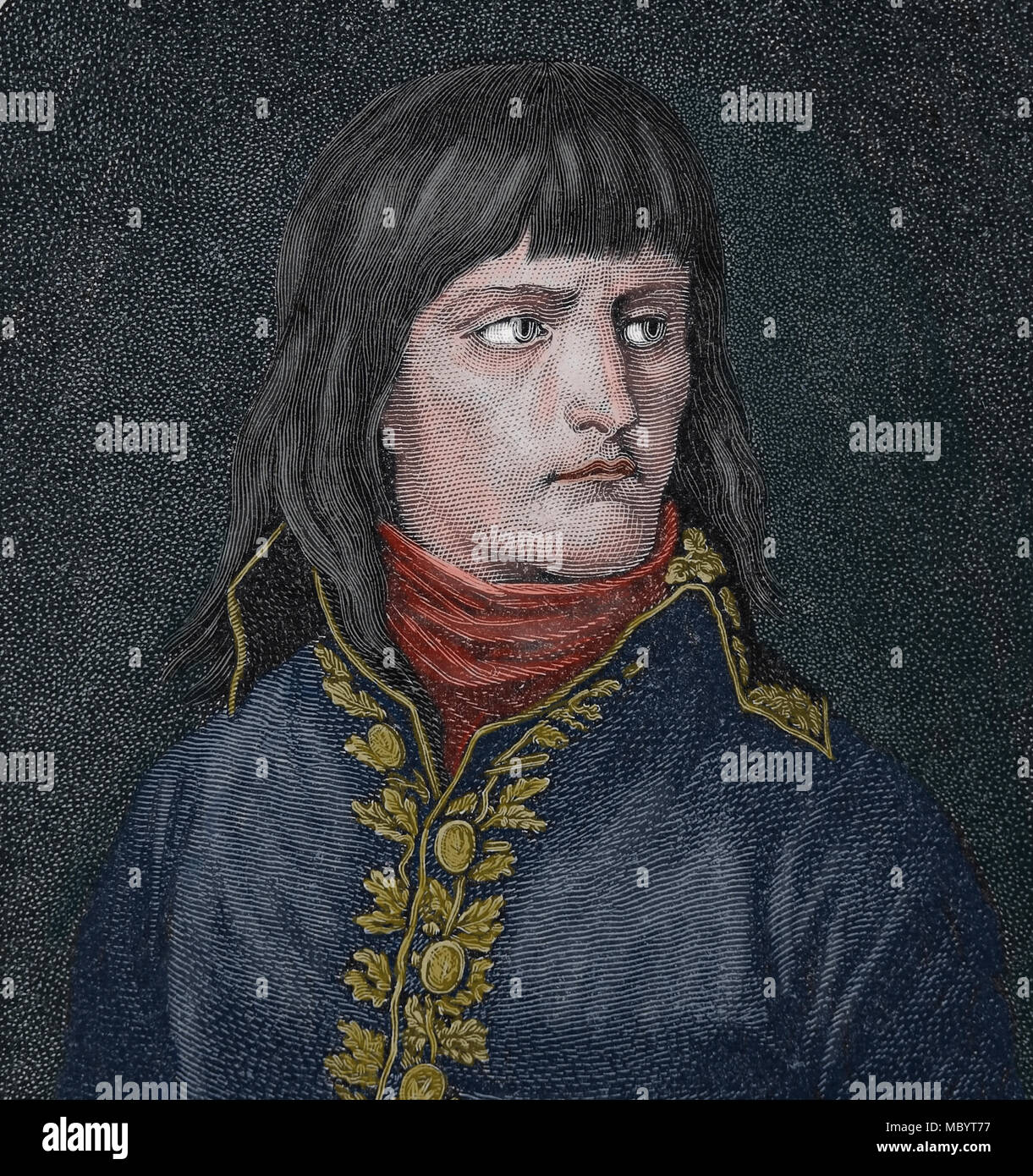 Il generale Napoleone Bonaparte (1769-1821). Primo console, per tutta la vita. Incisione del XIX secolo. Ritratto. Foto Stock