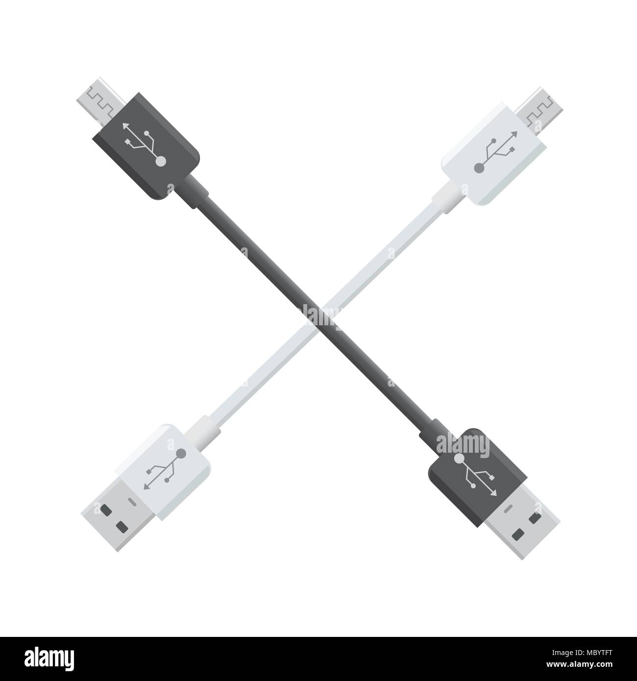 Micro USB cavi isolati su sfondo bianco. I connettori e i socket per PC e dispositivi mobili. Periferiche di computer o connettore di ricarica dello smartphone Illustrazione Vettoriale