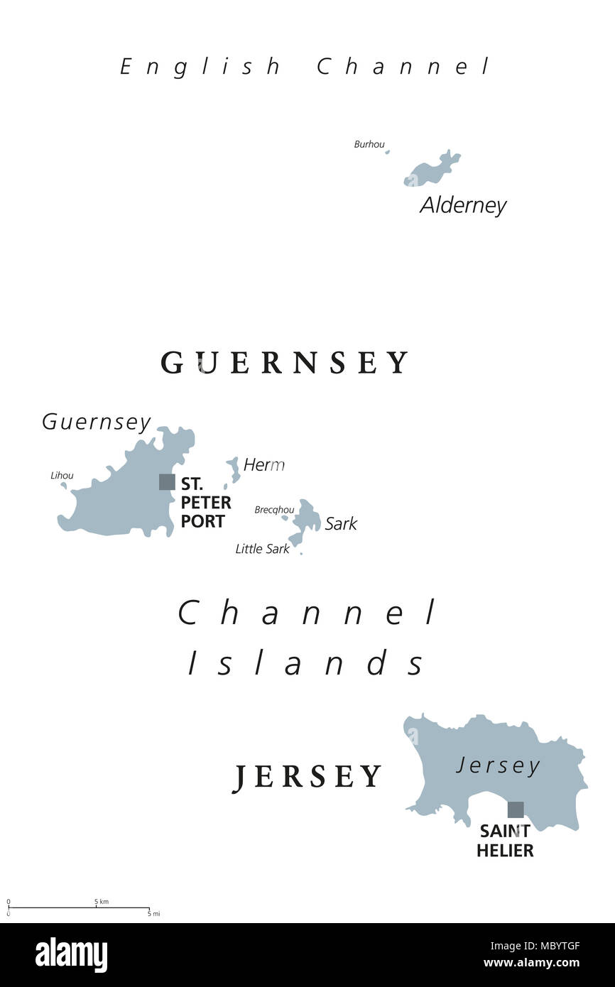 Guernsey e Jersey mappa politico. Isole del Canale. Dipendenze della Corona. Arcipelago nel Canale della Manica al largo della costa francese della Normandia. Foto Stock