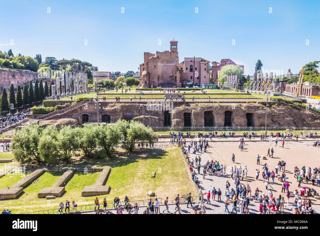 Roma, Italia, 24 aprile 2017. Il Colle Palatino - vista dal Colosseo. Foto Stock