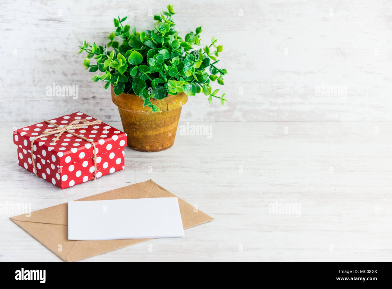 Rossa tratteggiata scatola regalo, scheda vuota, kraft busta e un verde fiore in una rustica vaso di ceramica. Bianco sullo sfondo di legno, copia dello spazio. Foto Stock