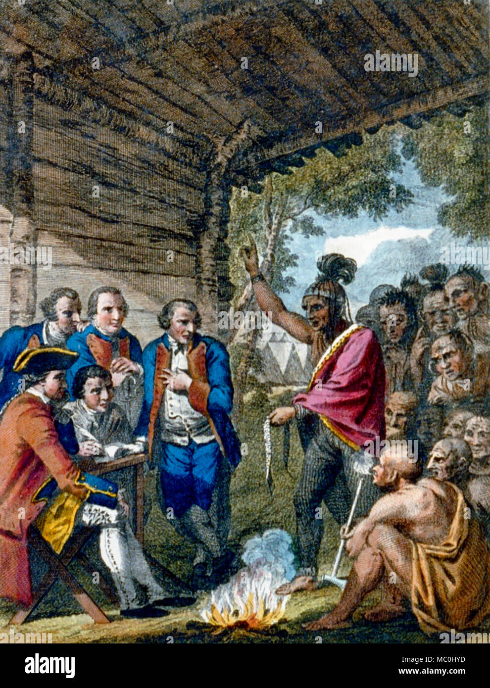 Gli Indiani dando a parlare con il Colonnello Bouquet in una conferenza al Consiglio un fuoco vicino al suo accampamento sulle rive di Muskingum in Nord America in ottobre 1764 Foto Stock
