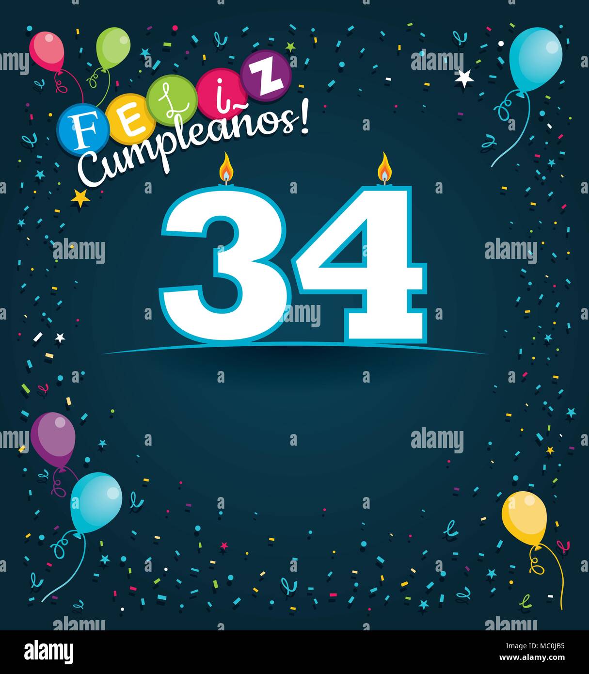 Buon Compleanno 34 in lingua spagnola - biglietto di auguri con candele bianche a forma di numero con sfondo di palloncini e coriandoli Illustrazione Vettoriale
