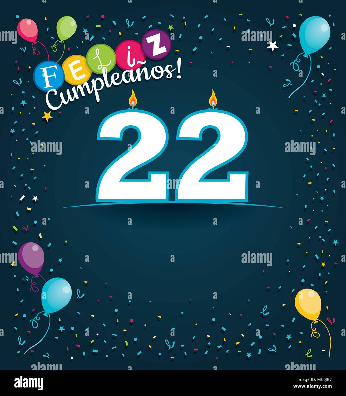 Buon Compleanno 22 in lingua spagnola - biglietto di auguri con candele  bianche a forma di numero con sfondo di palloncini e coriandoli Immagine e  Vettoriale - Alamy
