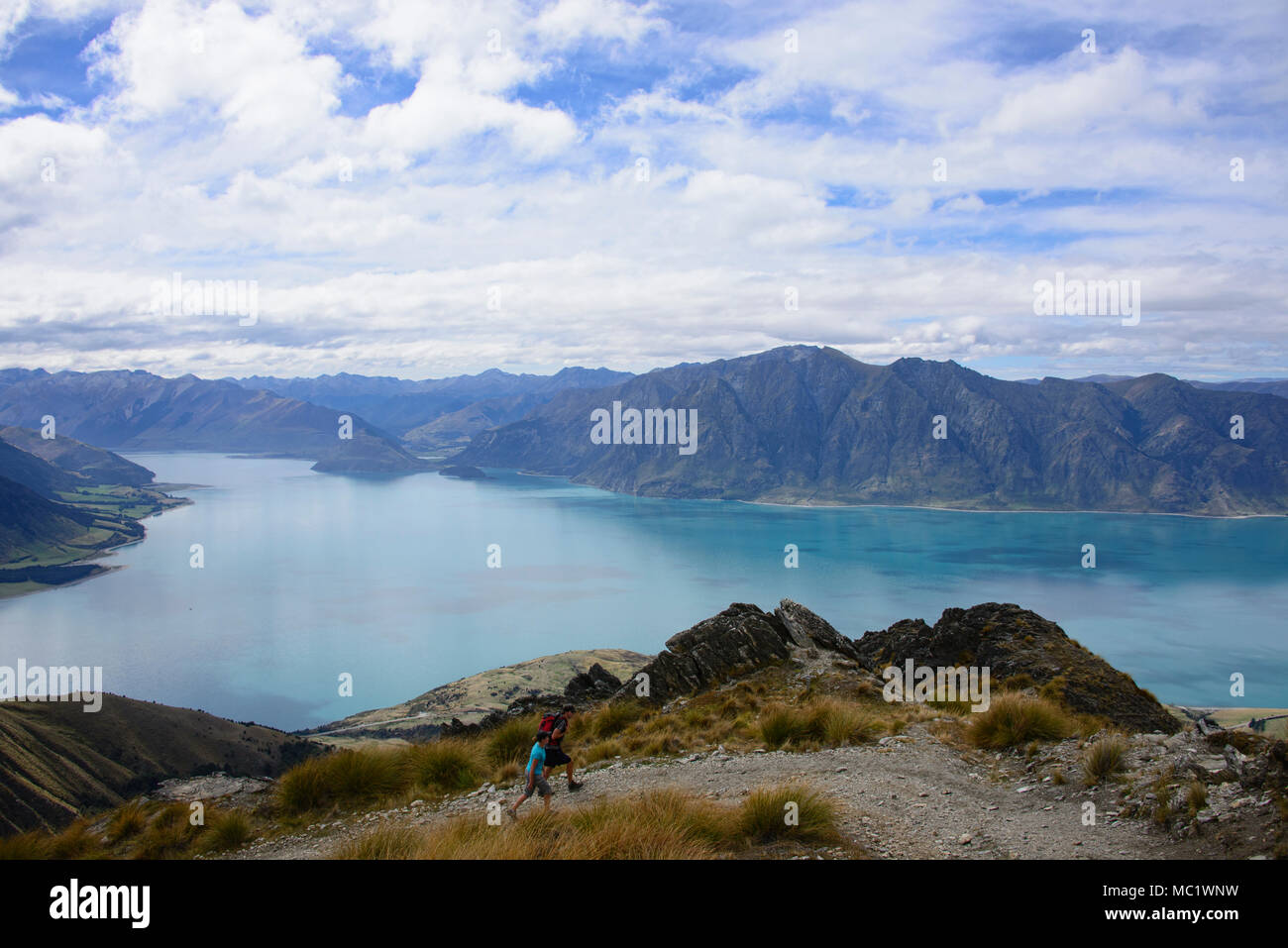 Trekking a picco istmo via vicino a Wanaka, Otago, Nuova Zelanda Foto Stock