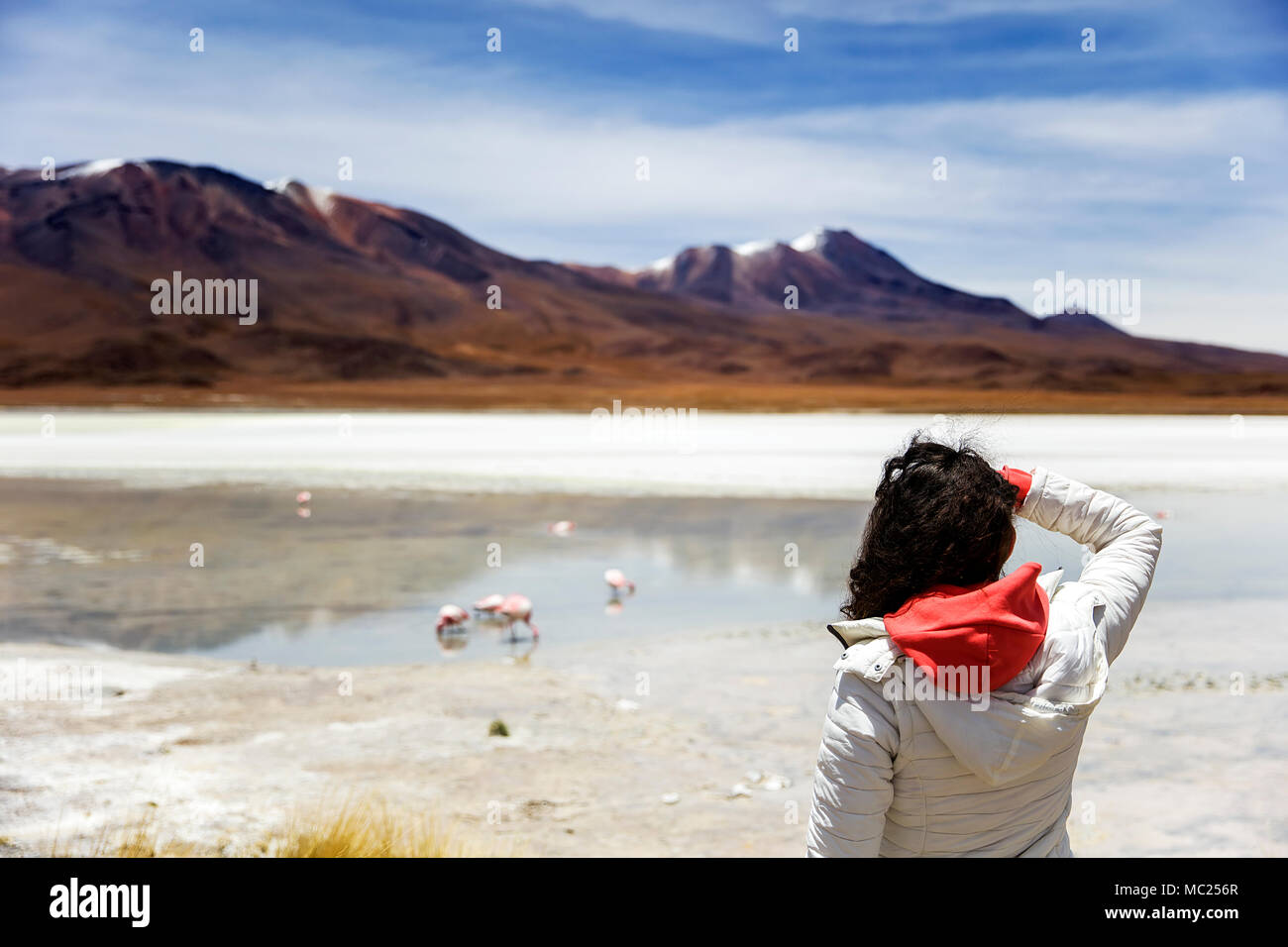 Giovane donna alla Laguna Hedionda a altipiano andino in Bolivia Foto Stock