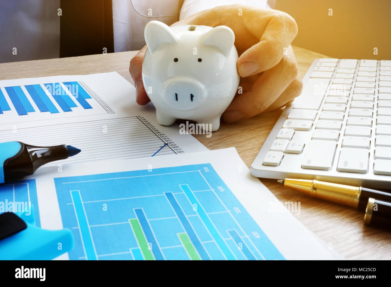 La ricchezza e il concetto di risparmio. Uomo in ufficio azienda salvadanaio. Foto Stock