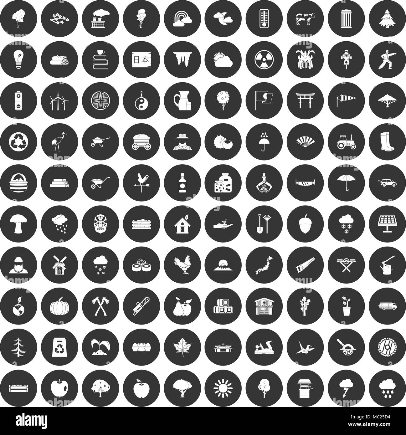 100 albero set di icone cerchio nero Illustrazione Vettoriale