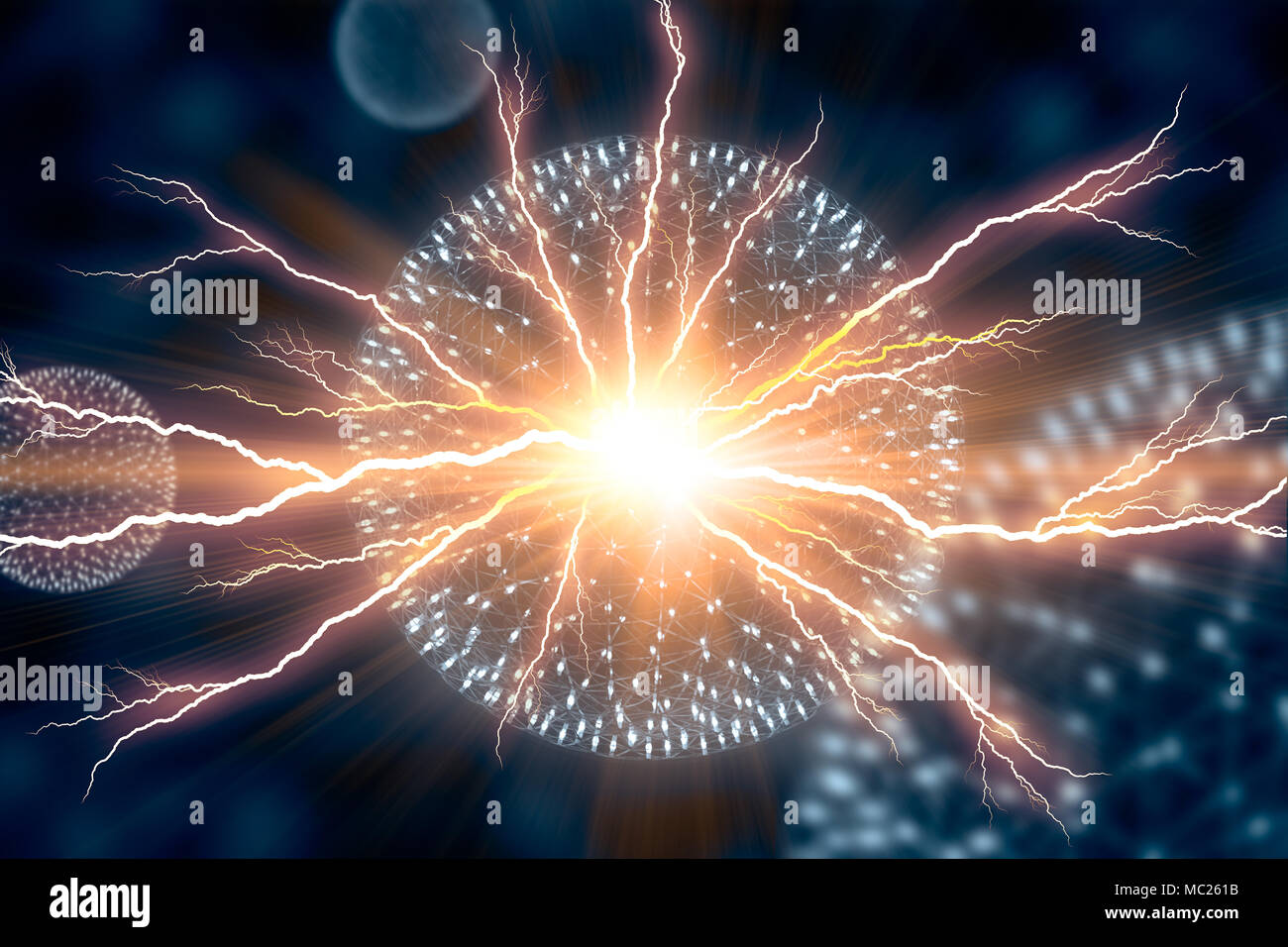 CG modello di nucleo di elettricità atomo esplosione nucleare bomba emettono radiazioni con fascio di raggi x a campi magnetici fisica nucleare scienza. Foto Stock
