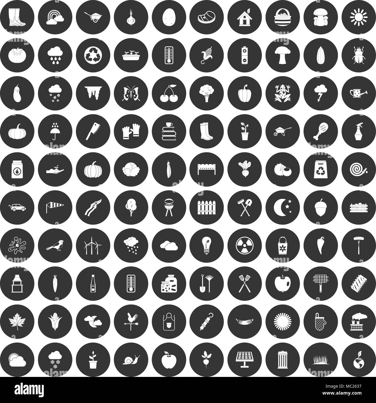 100 verdure set di icone cerchio nero Illustrazione Vettoriale