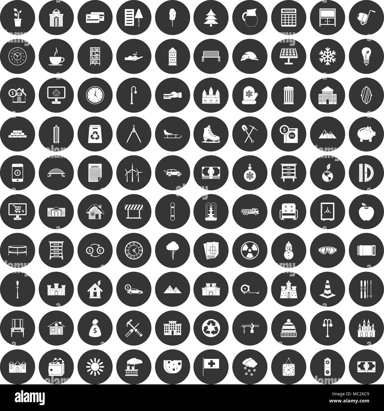 100 villa set di icone cerchio nero Illustrazione Vettoriale