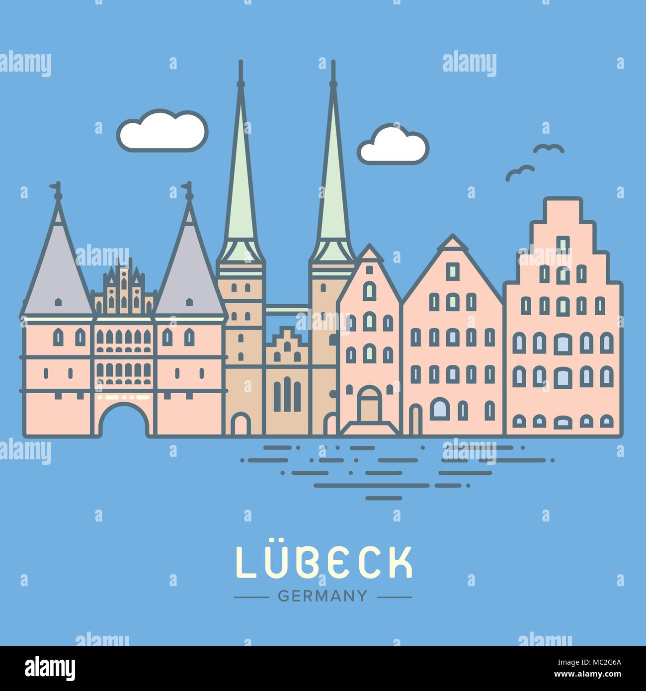 Icona linea style Lubeck cityscape piatta illustrazione vettoriale Illustrazione Vettoriale