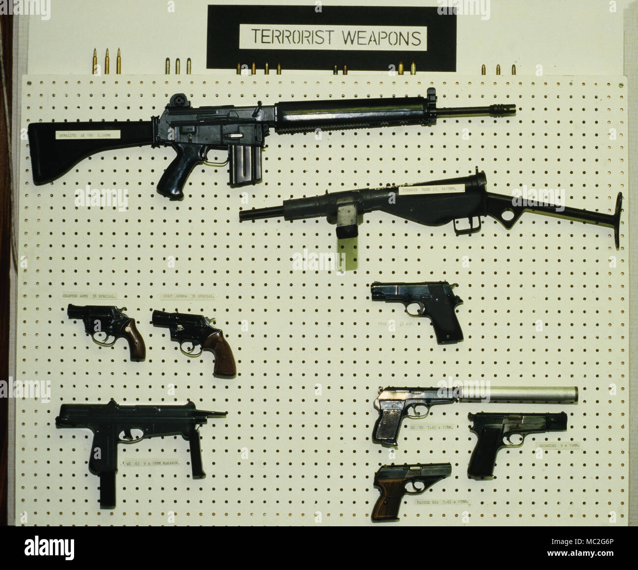 Scotland Yard Museo nero Lambeth-POLICE FORENSIC SCIENCE SERVICES LABORATORY, Lambeth, Londra 1986 armi terroristiche.Top L-R: Armalite AR 180: 5,56mm, Charter i bracci 38 speciale, Colt Cobra 38 speciale, Star PD 45 ACP, WZ 63 9x18mm Makarov, CZ 70 7.65, Browning 9mm, Mauser 7.65, le fotografie scattate in modo organizzato premere facility visita con le autorizzazioni per la Forensic department a Lambeth Londra. Presenta indicati sono stati utilizzati dalla polizia in visita provenienti dal Regno Unito e dall'estero per valutare la funzione forensic il lavoro svolto da Scotland Yard indagini forensi team sui principali casi penali. I reperti sono ora alloggiati i Foto Stock