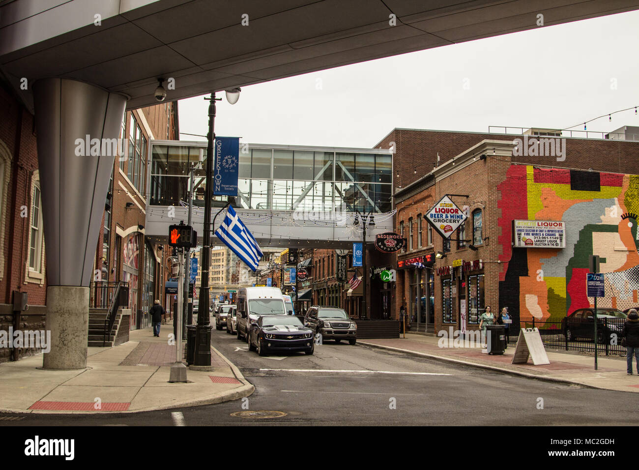 Il Greektown storico quartiere nel centro di Detroit. Il quartiere offre una moltitudine di ristoranti greci e negozi. Foto Stock