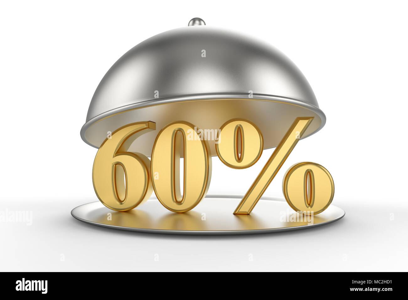 Ristorante cloche con golden 60 percento di sconto segno su sfondo bianco. 3D illustrazione Foto Stock