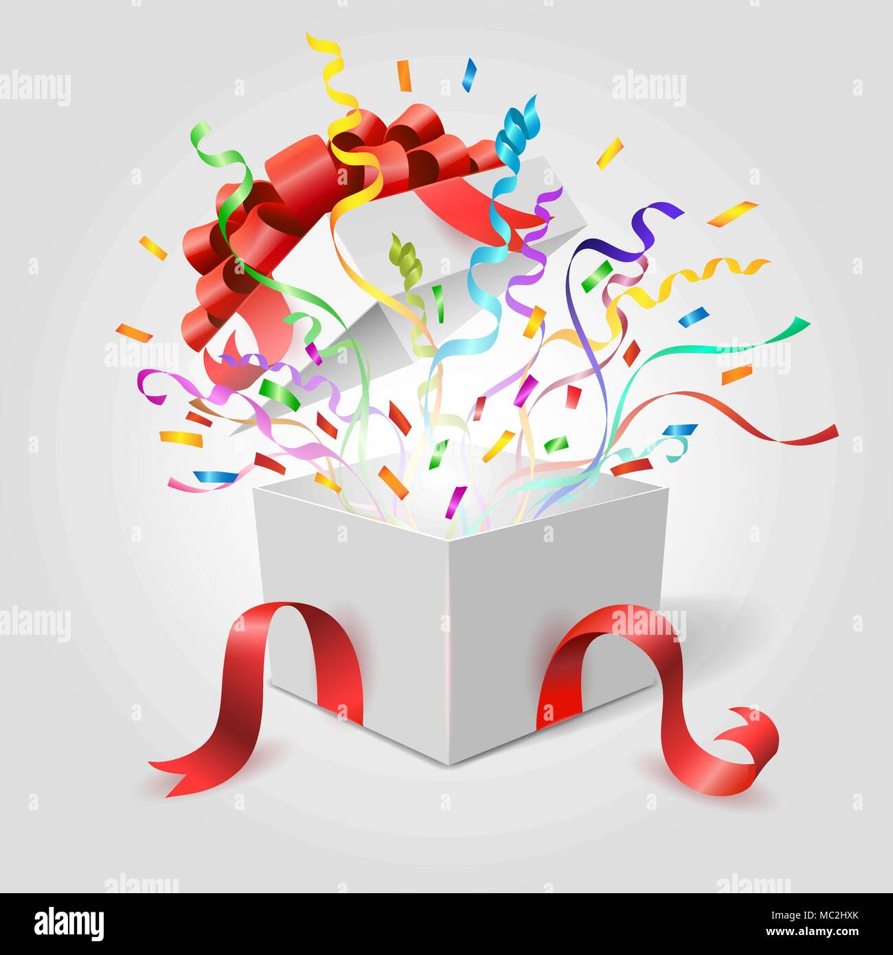 Regalo a sorpresa box. Vuoto vacanza aperto presente giftbox con nastri  rossi, prua e coriandoli illustrazione vettoriale Immagine e Vettoriale -  Alamy