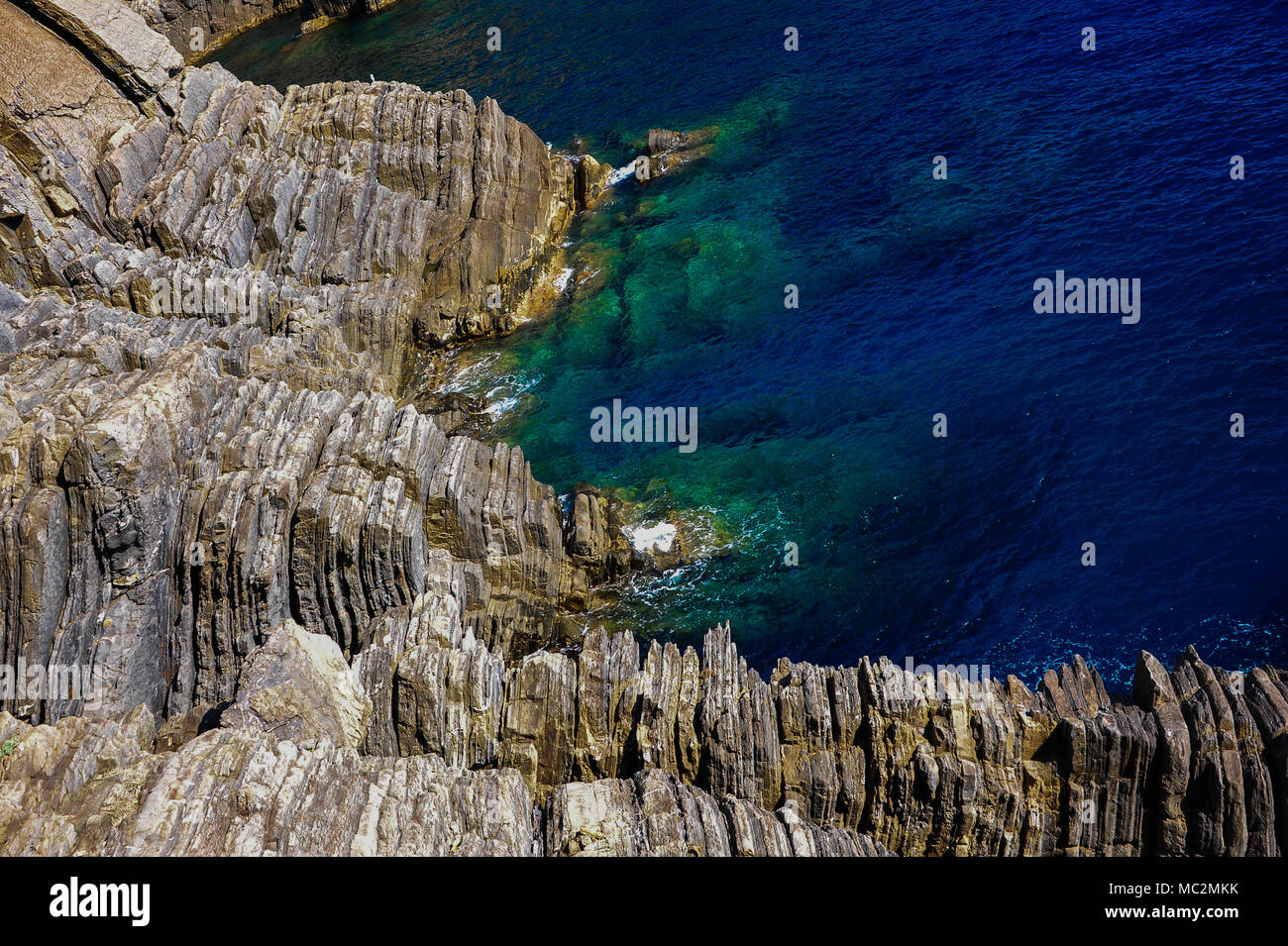 Via dell' Amore Manarola - Riomaggiore: Close up dettaglio di striature formata lungo la rocciosa costa ligure contro il profondo blu del mare sullo sfondo Foto Stock