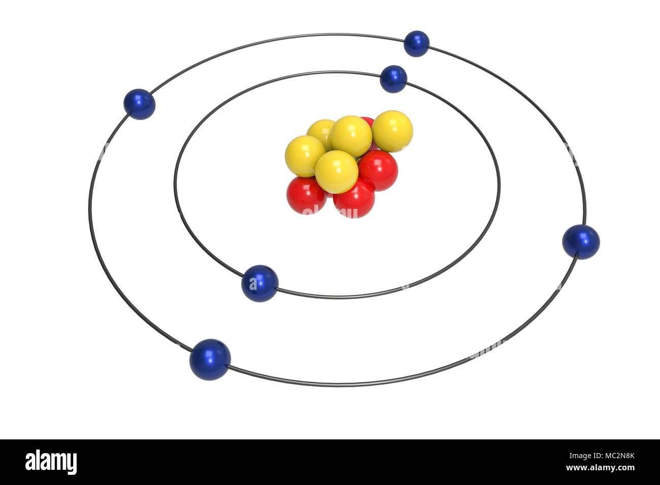 Bohr modello di atomo di carbonio con protoni, neutroni ed elettroni. La scienza e il concetto chimico 3d illustrazione Foto Stock
