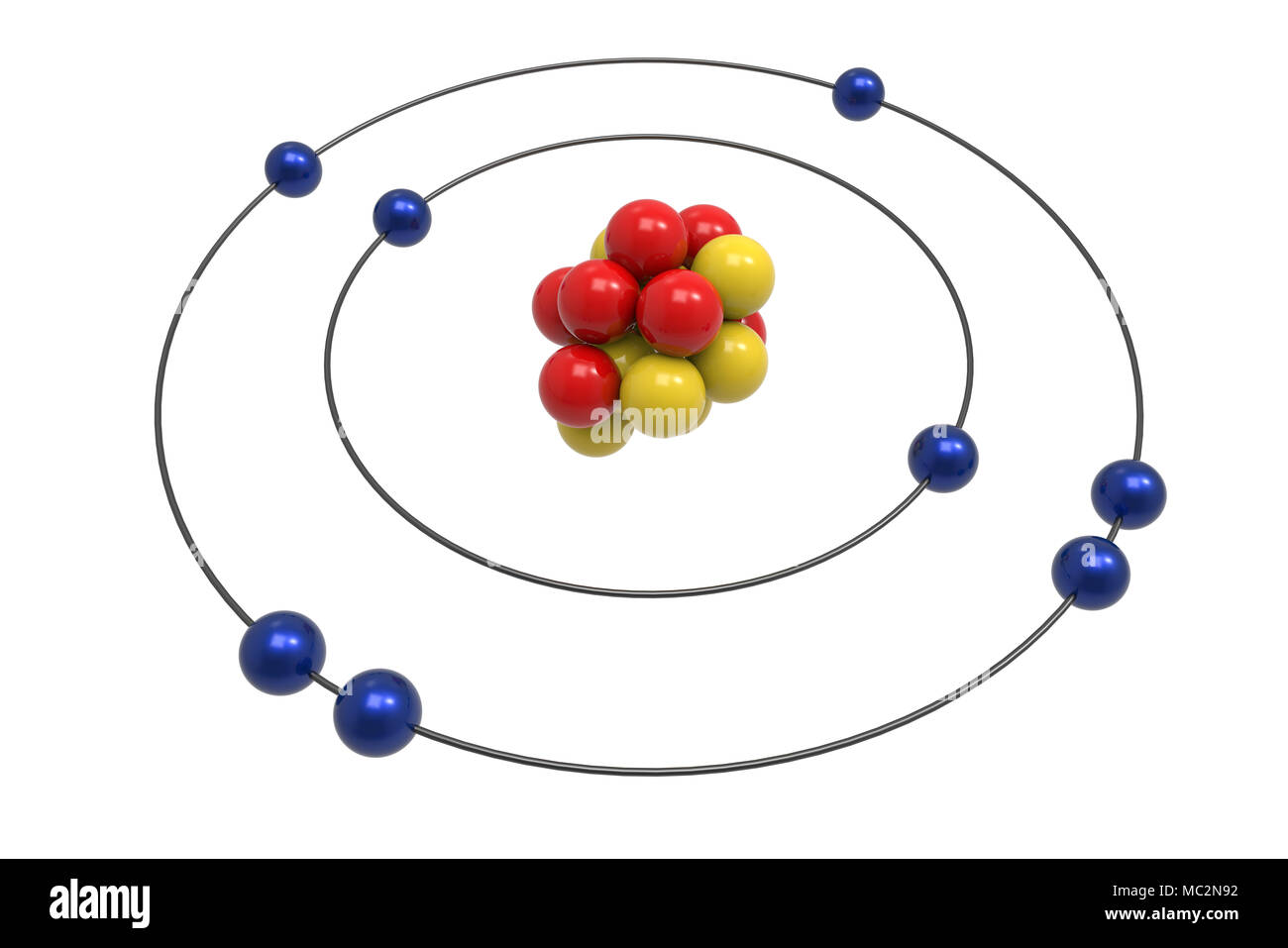 Bohr modello di atomo di ossigeno con protoni, neutroni ed elettroni. La scienza e il concetto chimico 3d illustrazione Foto Stock