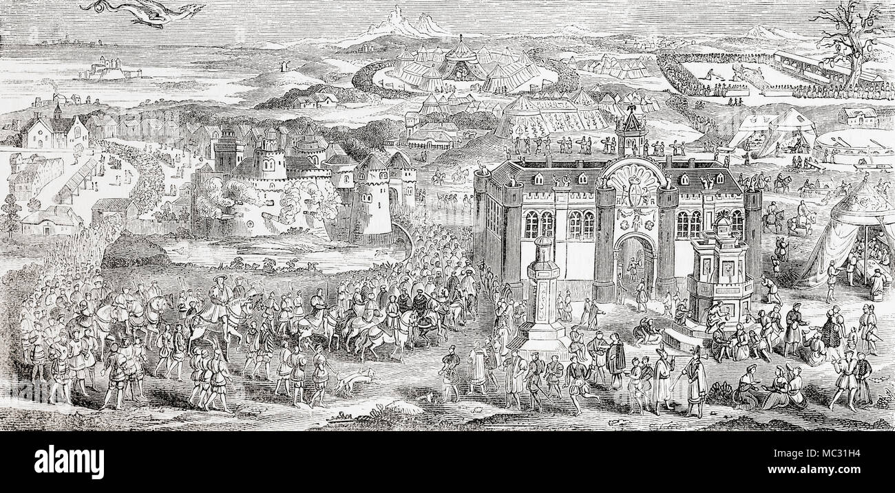 Il campo del panno di oro. Una riunione nel 1520, tra Enrico VIII d'Inghilterra e Francesco I di Francia, disposto per aumentare il legame di amicizia tra i due re dopo il trattato anglo-francese del 1514. Da Vecchia Inghilterra: un museo pittorico, pubblicato nel 1847. Foto Stock