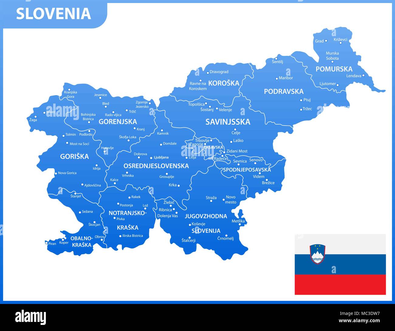La mappa dettagliata della Slovenia con le regioni o gli stati e le città capitali. Divisione amministrativa Illustrazione Vettoriale