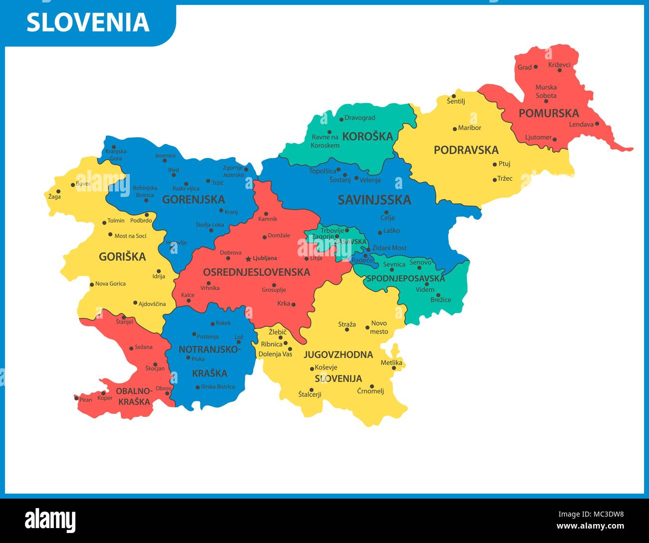 La mappa dettagliata della Slovenia con le regioni o gli stati e le città capitali. Divisione amministrativa Illustrazione Vettoriale