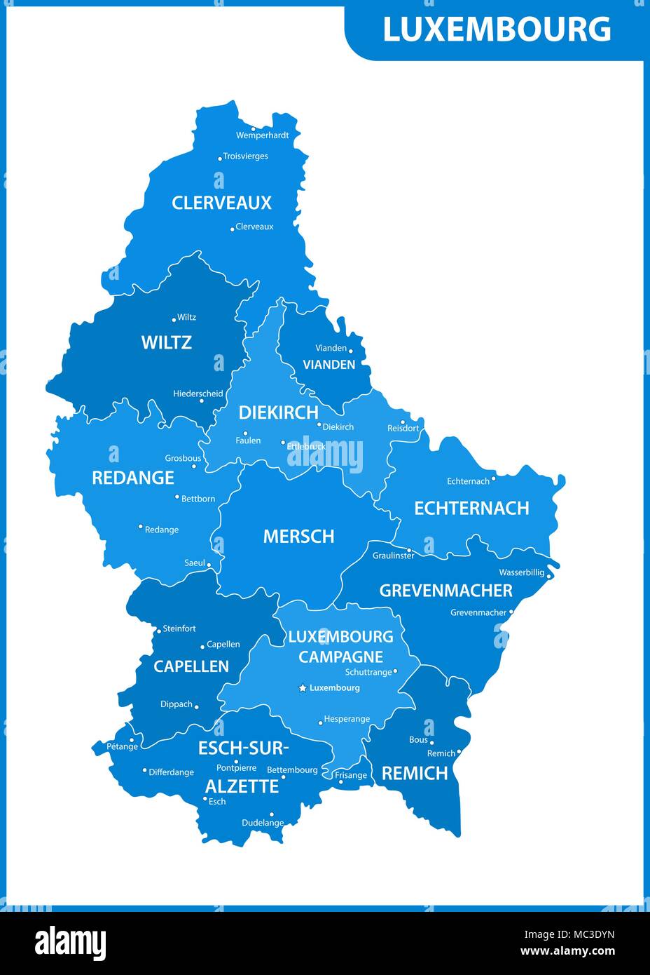 La mappa dettagliata del Lussemburgo con le regioni o gli stati e le città capitali. Divisione amministrativa Illustrazione Vettoriale