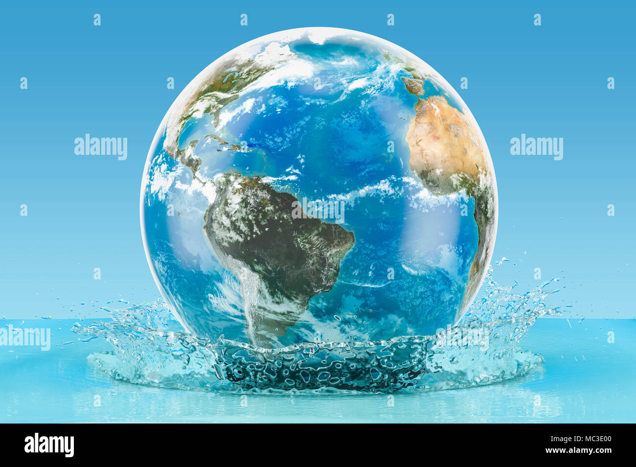 Globo terrestre con acqua splash su sfondo blu, rendering 3D Foto Stock