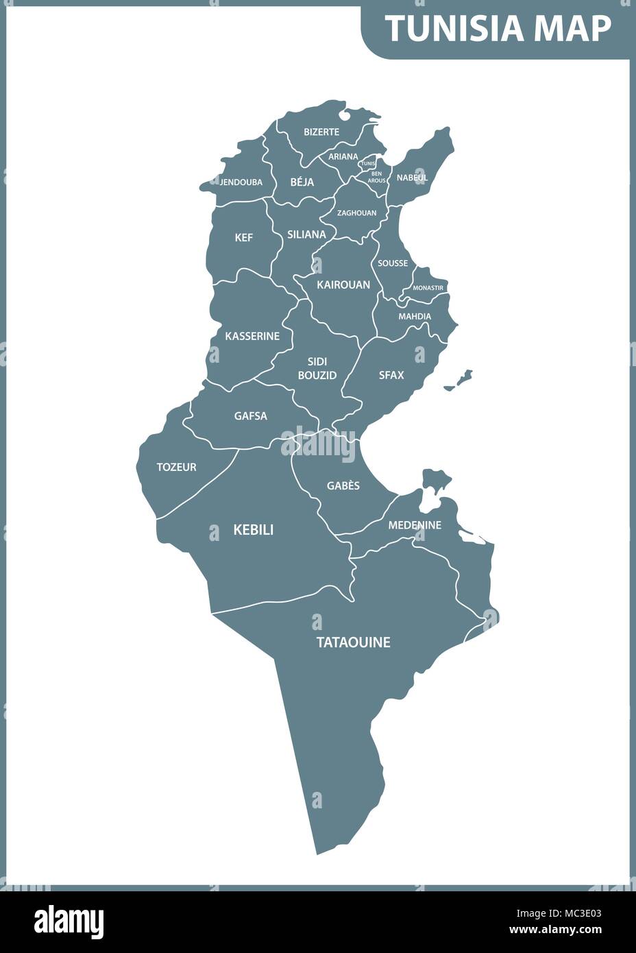 La mappa dettagliata della Tunisia con le regioni o gli stati membri Illustrazione Vettoriale