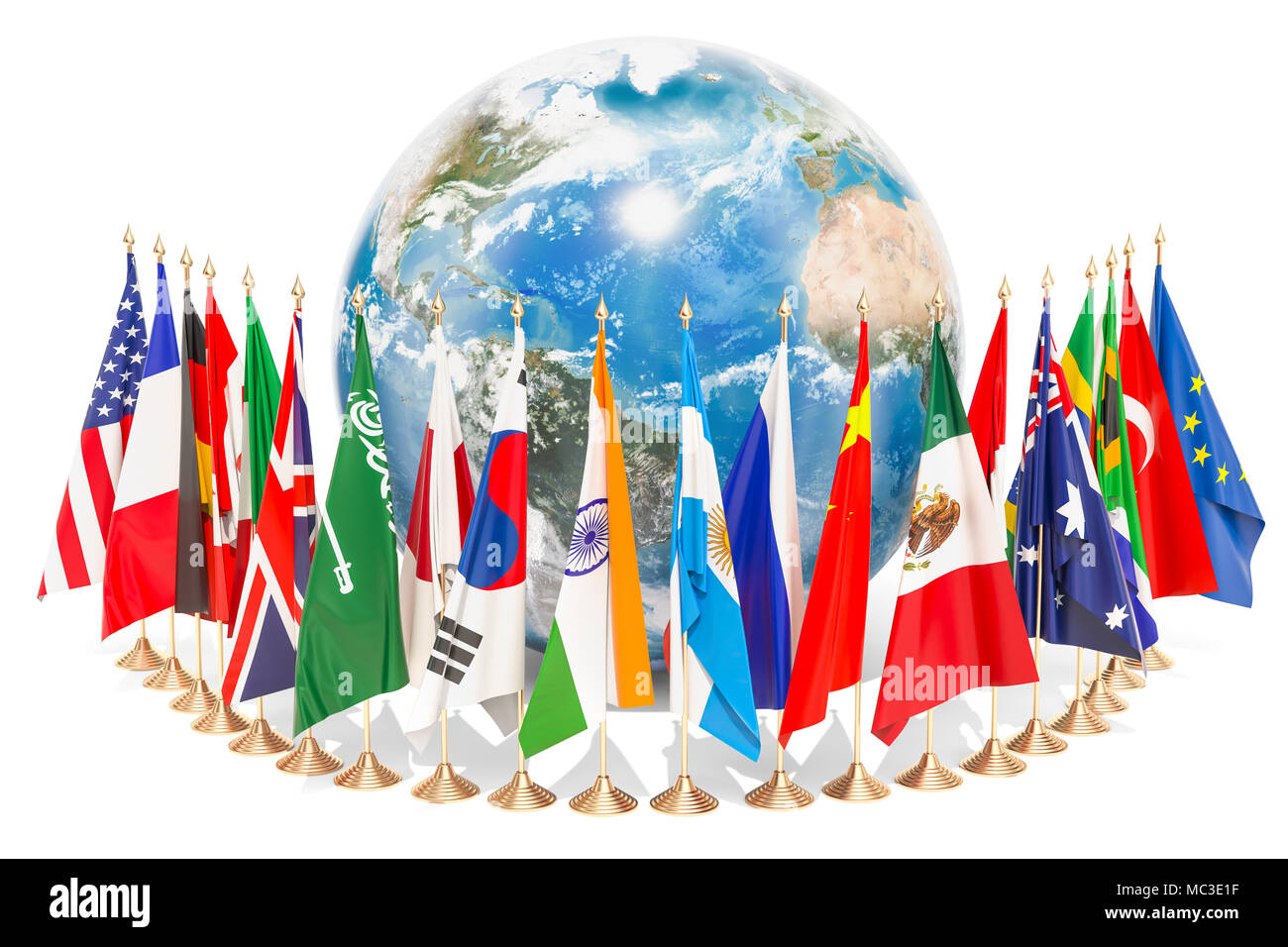 Internazionale global concetto di comunicazione con le bandiere intorno al globo terrestre, rendering 3D isolati su sfondo bianco Foto Stock