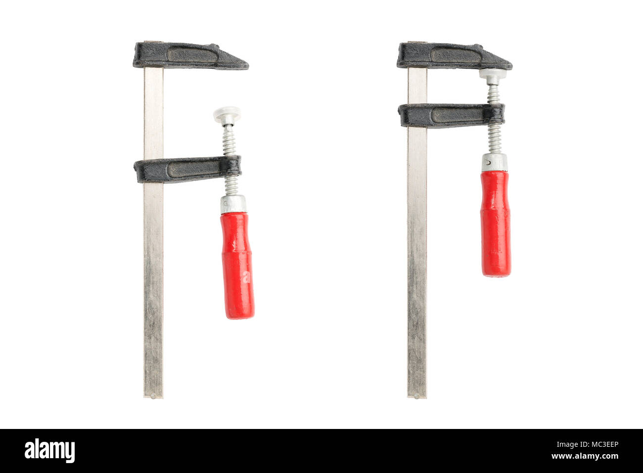 Vecchio usato il morsetto a vite, aperto e chiuso, isolato su bianco Foto Stock