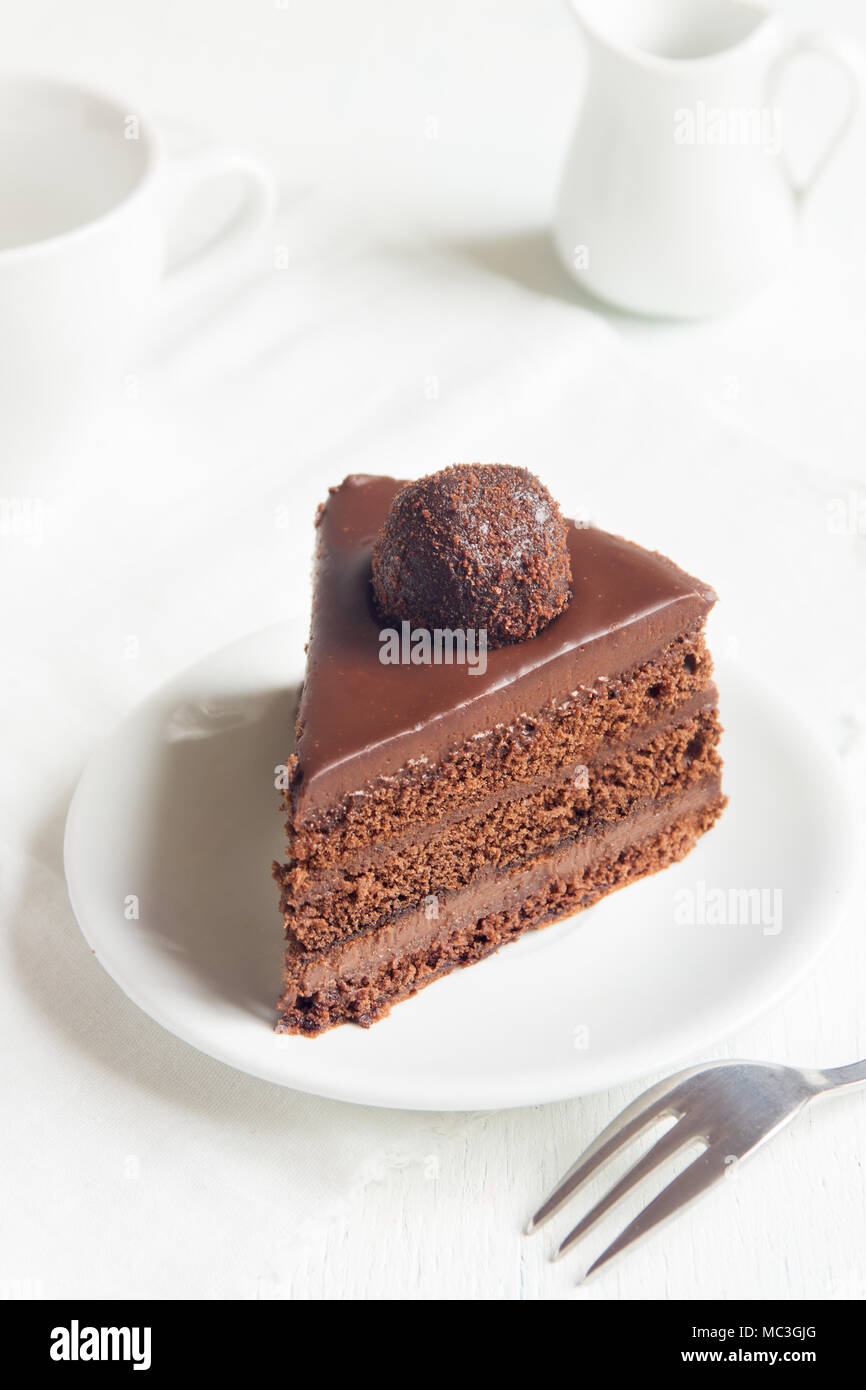 Pezzo di torta al cioccolato sulla piastra e sfondo bianco, copia dello spazio. In casa torta al cioccolato. Foto Stock