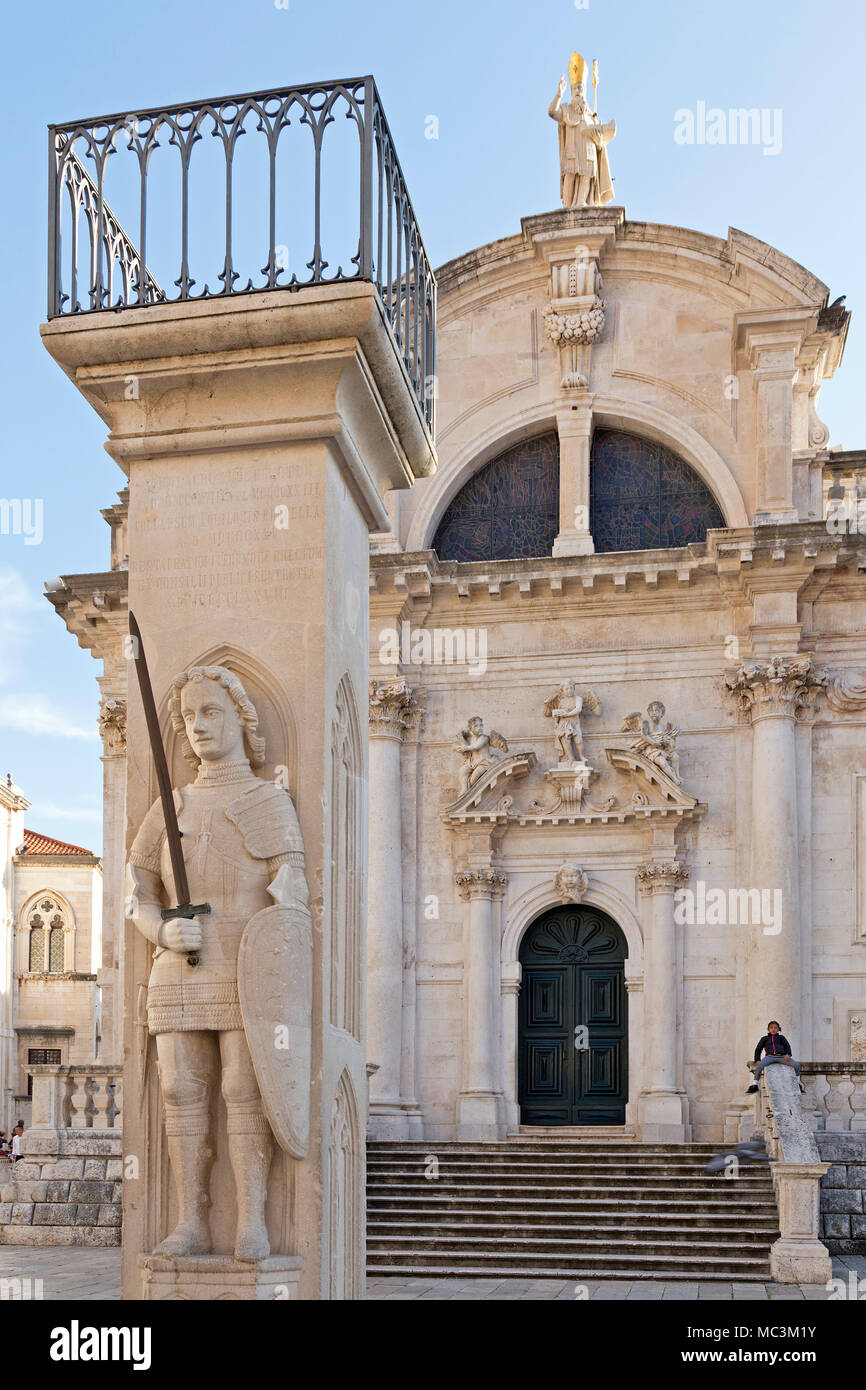 Colonna di Orlando, San Biagio Chiesa, Luža Square, Città Vecchia, Dubrovnik, Croazia Foto Stock