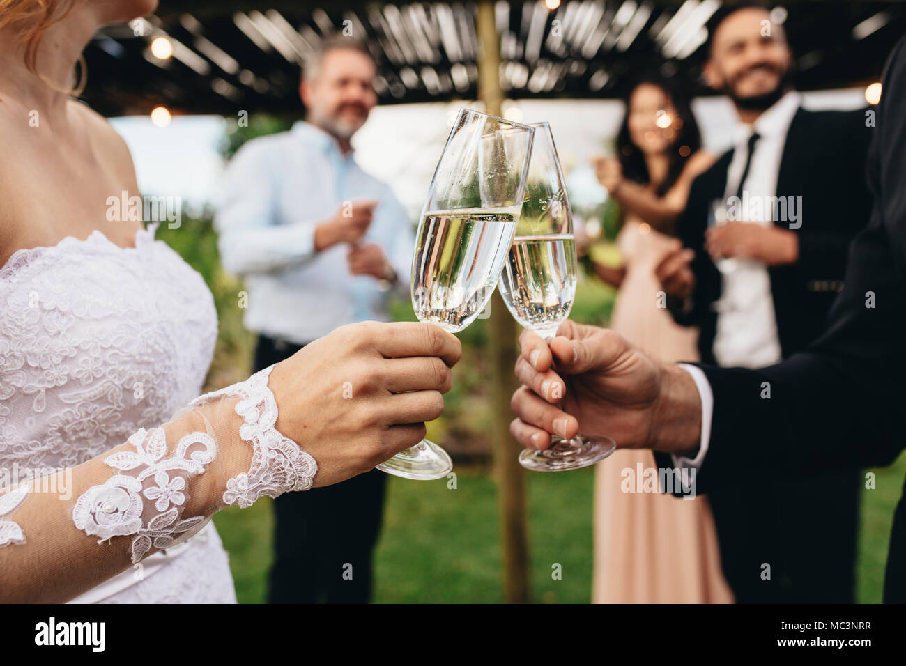 Close up della sposa e lo sposo di tostatura bicchieri di champagne al party di nozze. Sposi novelli tintinnanti bicchieri al ricevimento di nozze al di fuori. Foto Stock