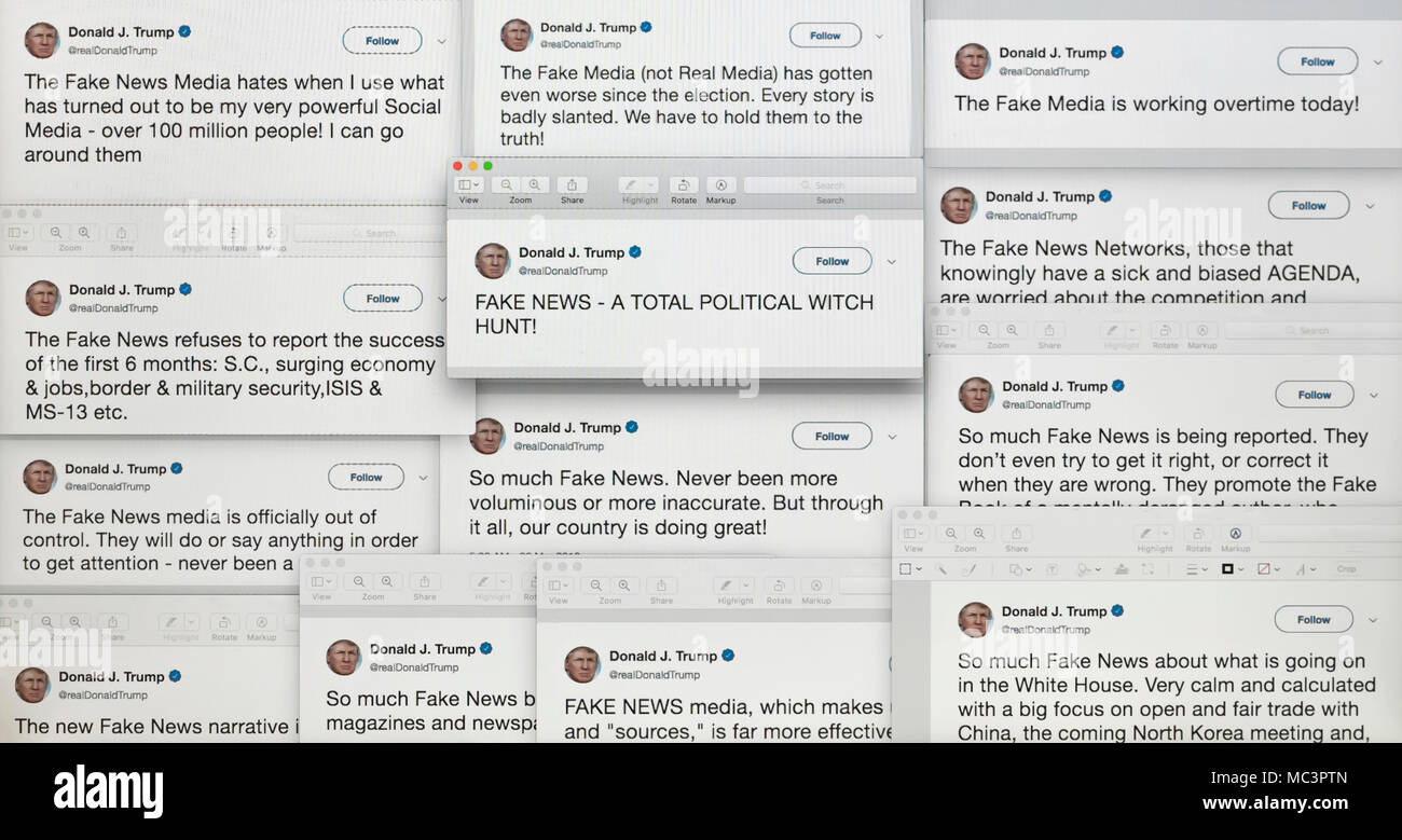 Collage di presidente Donald Trump's Twitter Tweet su false notizie e la spinta media. Foto Stock