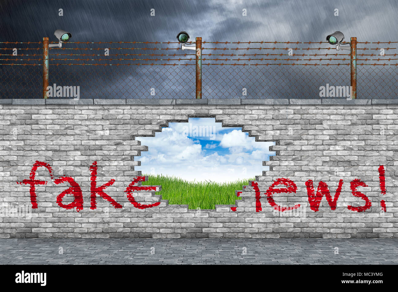 Fake news concept foro nel muro di confine che mostra la verità erba verde prato blu sullo sfondo del cielo Foto Stock