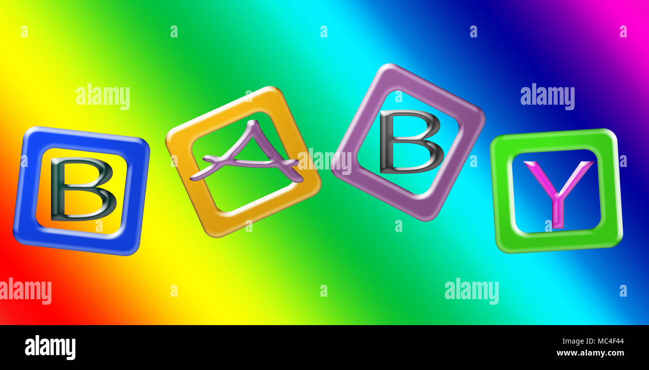 Blocchi di colore l'ortografia della parola BABY contro un vivace sfondo arcobaleno Foto Stock