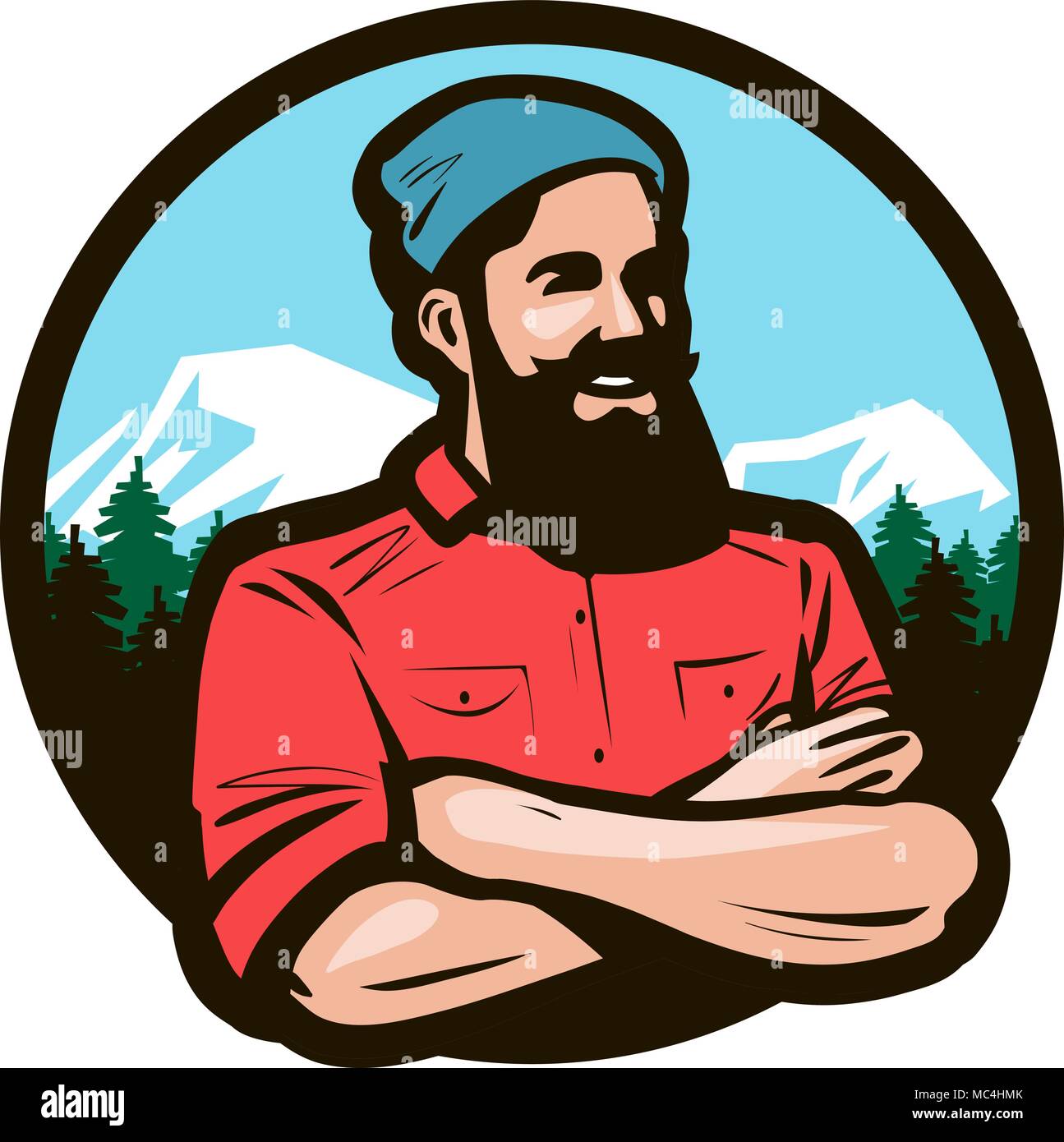 Felice il taglialegna lumberjack con le braccia incrociate sul petto. Fumetto illustrazione vettoriale Illustrazione Vettoriale