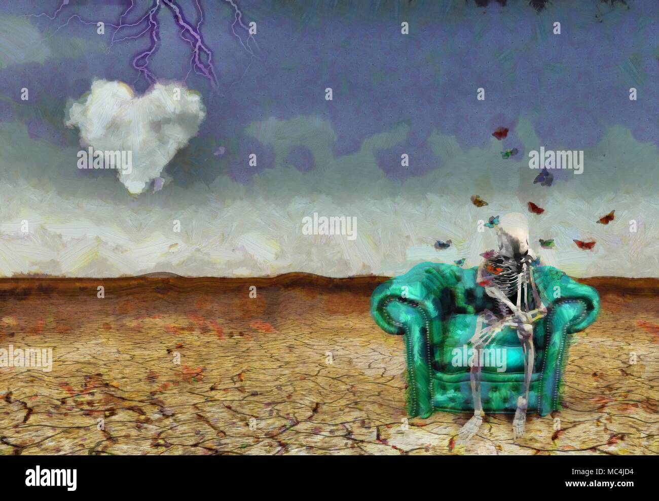 Scena surreale. Lo scheletro di Alien si siede sulla poltrona Foto Stock