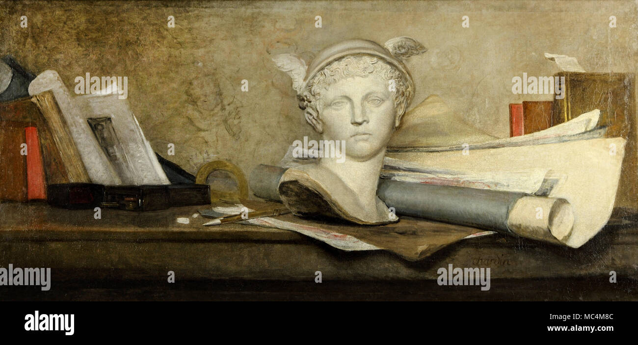 Jean-Baptiste-Simeon Chardin, still life con attributi delle arti. Circa 1724-1728. Olio su tela. Museo Puskin di Mosca, Russia. Foto Stock