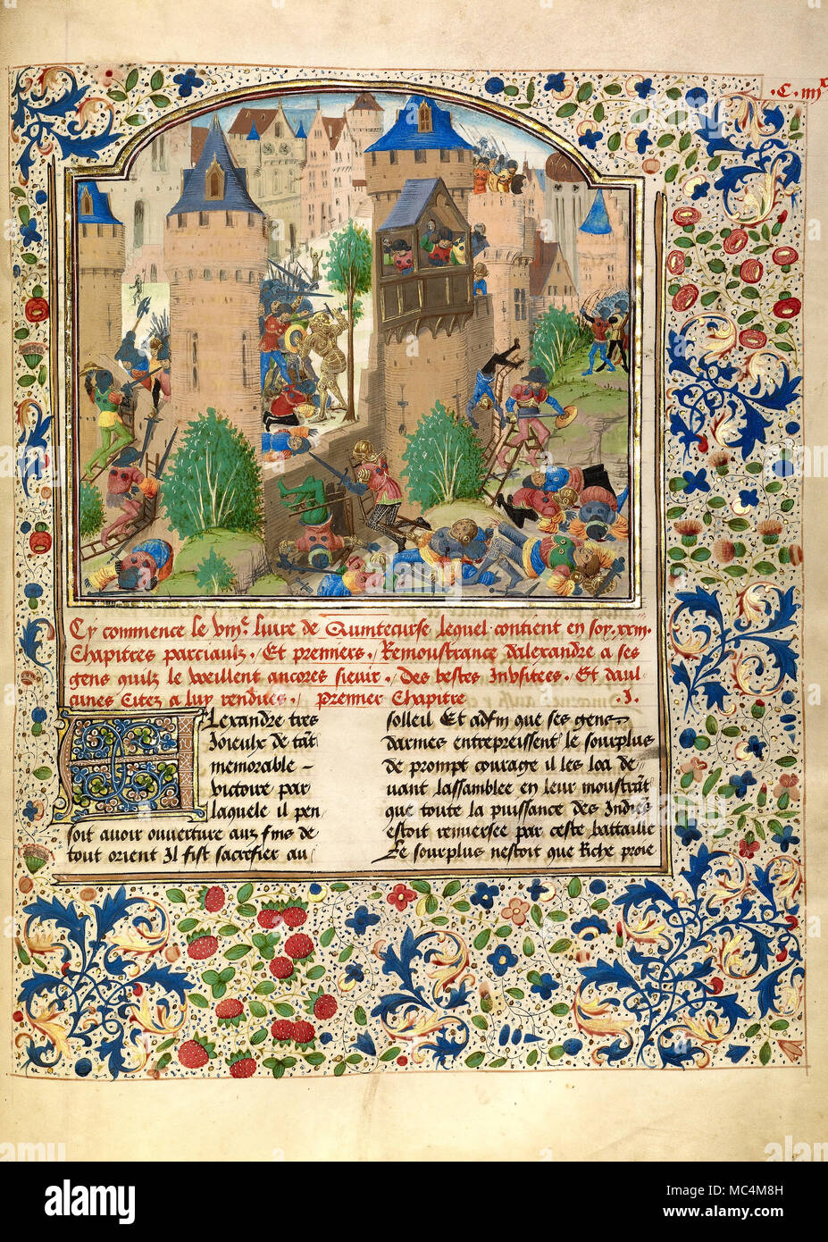 Maestro del Jardin de Vertueuse - Alexander combatte nella città dell'Sudracae. Circa 1470-1475. "Tempere, foglia oro, oro vernice, e l'inchiostro Foto Stock