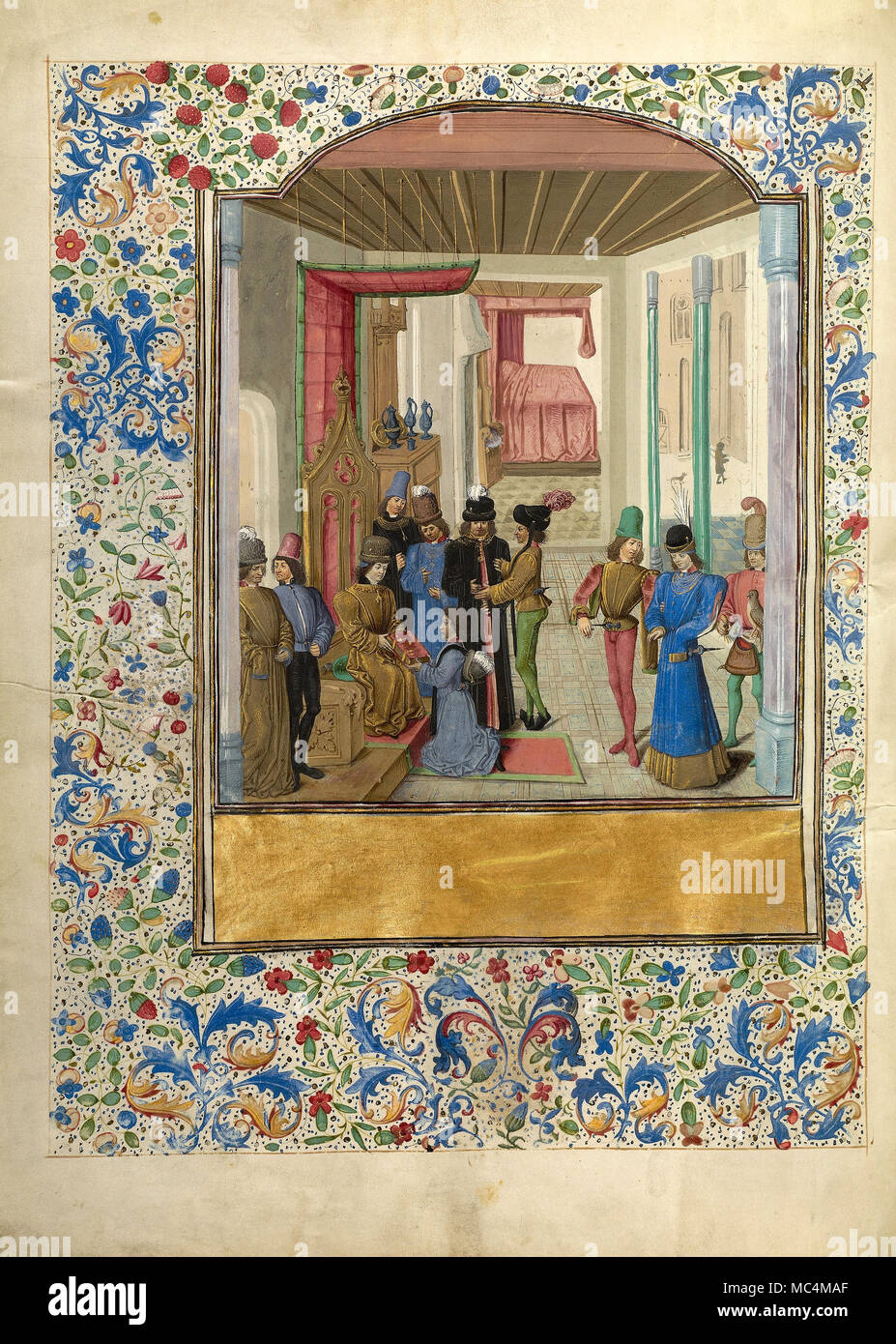Maestro del Jardin de Vertueuse - Vasco da Lucena dando il suo lavoro a Carlo il Temerario. Circa 1470-1475. "Tempere, foglia oro, oro vernici, inchiostro Foto Stock