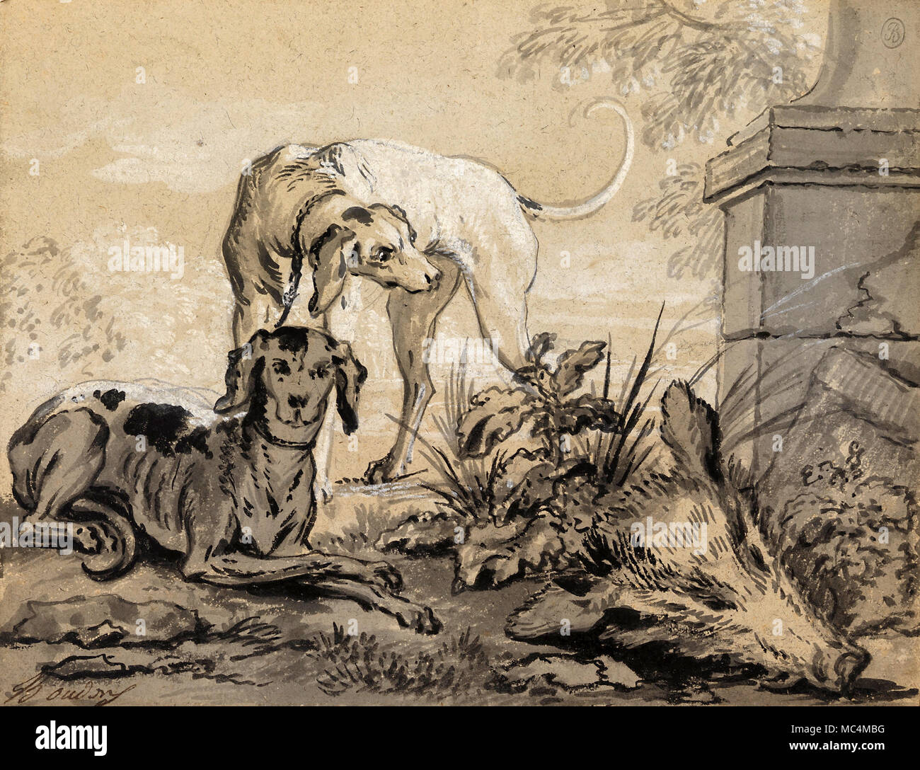 Jean-Baptiste Oudry, dopo la caccia: Due segugi accanto a un cinghiale la testa 1725 Penna e inchiostro nero. Cooper Hewitt, Smithsonian Design Museum di New York City, Foto Stock