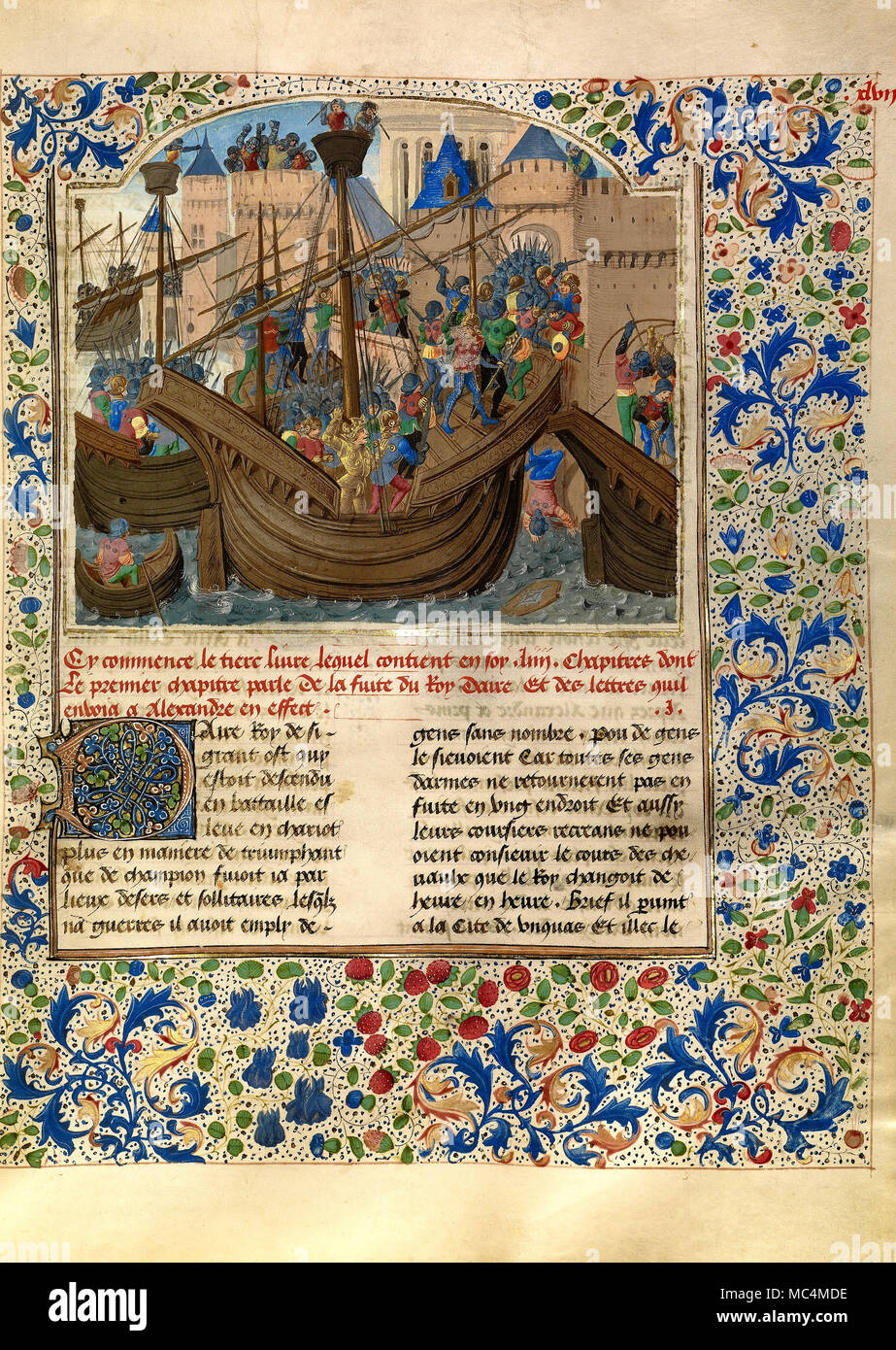 Maestro del Jardin de Vertueuse - Alexander attacca la città di pneumatico. Circa 1470-1475. "Tempere, foglia oro, oro dipingere e inchiostro su pergamena. Foto Stock