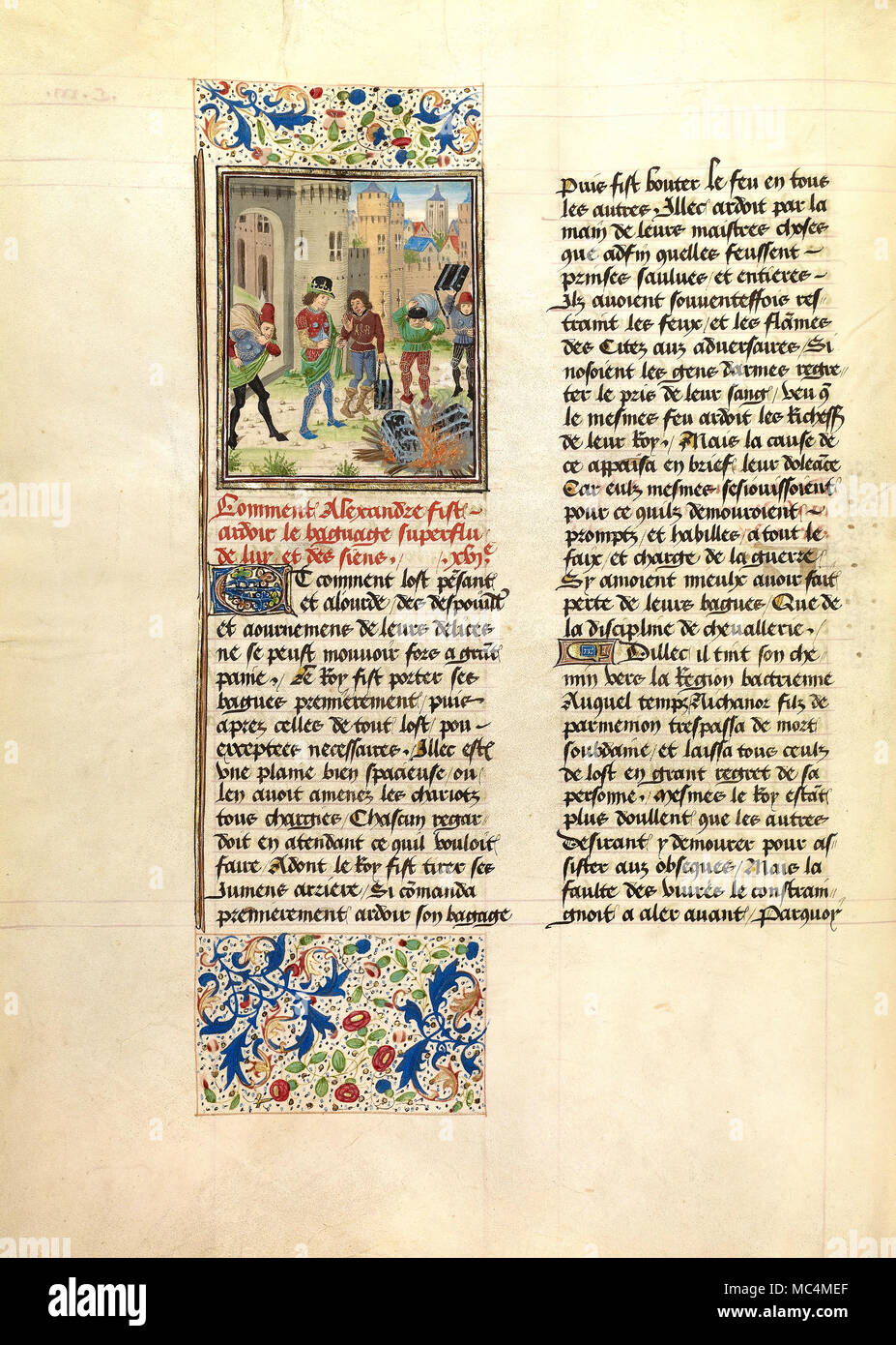 Maestro del Jardin de Vertueuse - Alexander ordina la distruzione del suo esercito di bagaglio in eccesso. Circa 1470-1475. "Tempere, foglia oro, oro p Foto Stock
