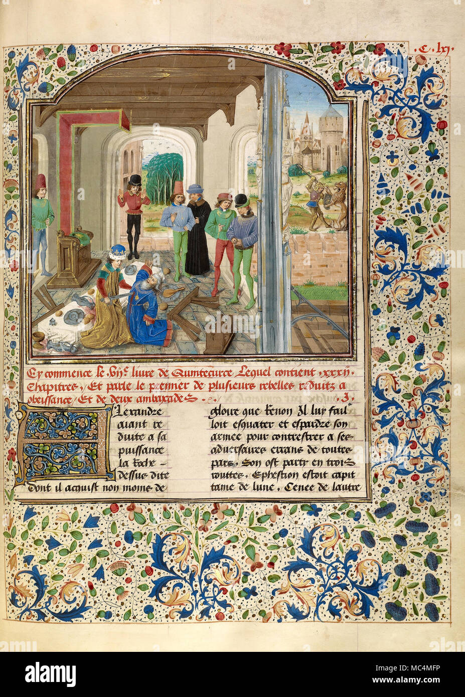 Maestro del Jardin de Vertueuse - Alexander combatte con un leone e uccide Clitus. Circa 1470-1475. "Tempere, foglia oro, oro vernice, e inchiostro su Foto Stock