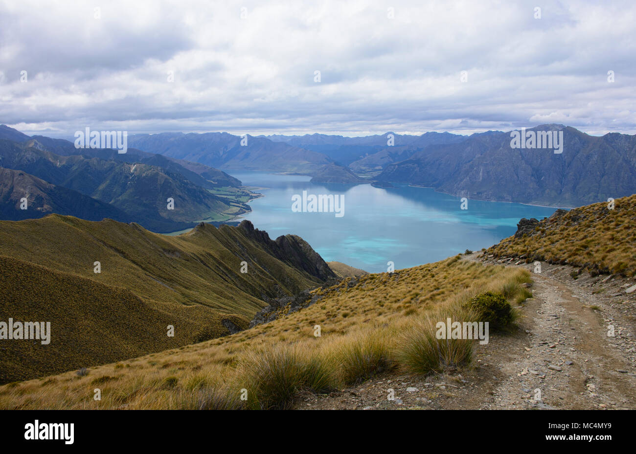 Trekking a picco istmo via vicino a Wanaka, Otago, Nuova Zelanda Foto Stock