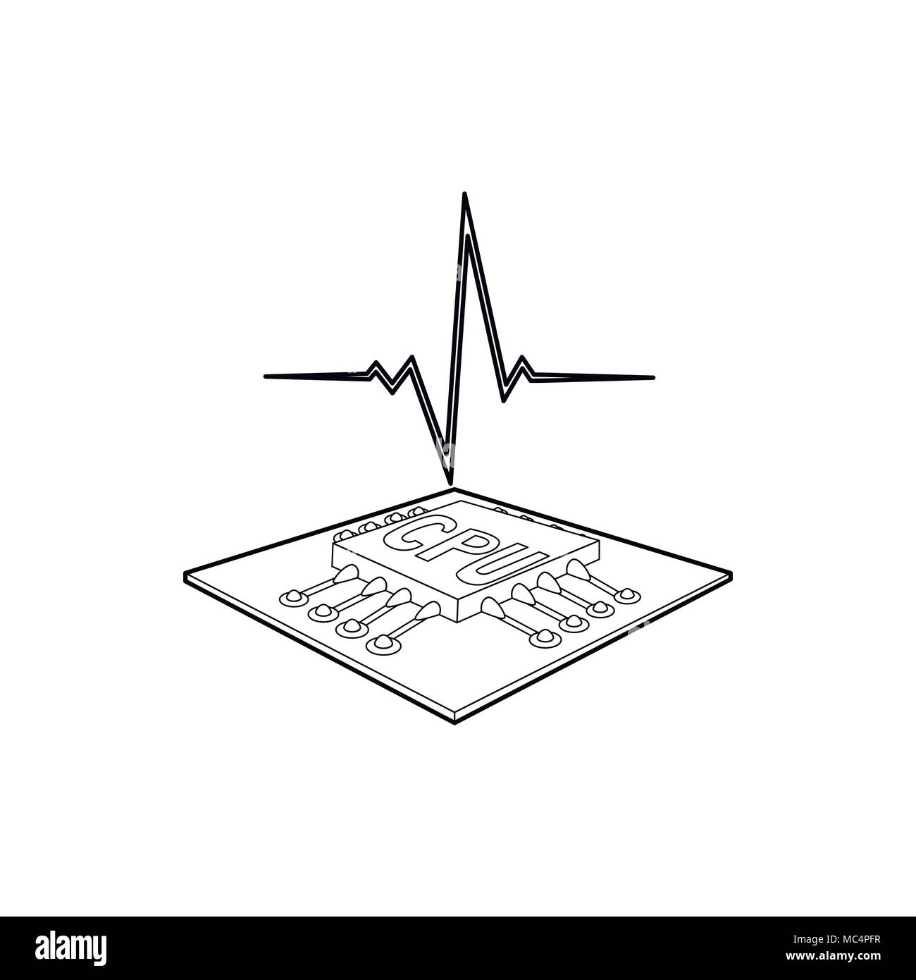 CPU con un battito cardiaco, l'icona di stile di contorno Illustrazione Vettoriale