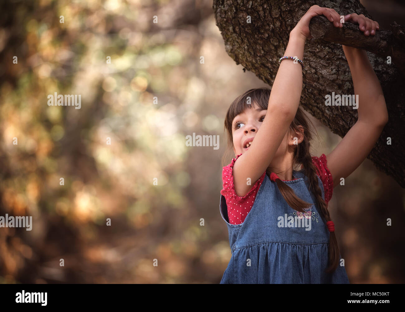 Carino Bambina giocando nella foresta Foto Stock
