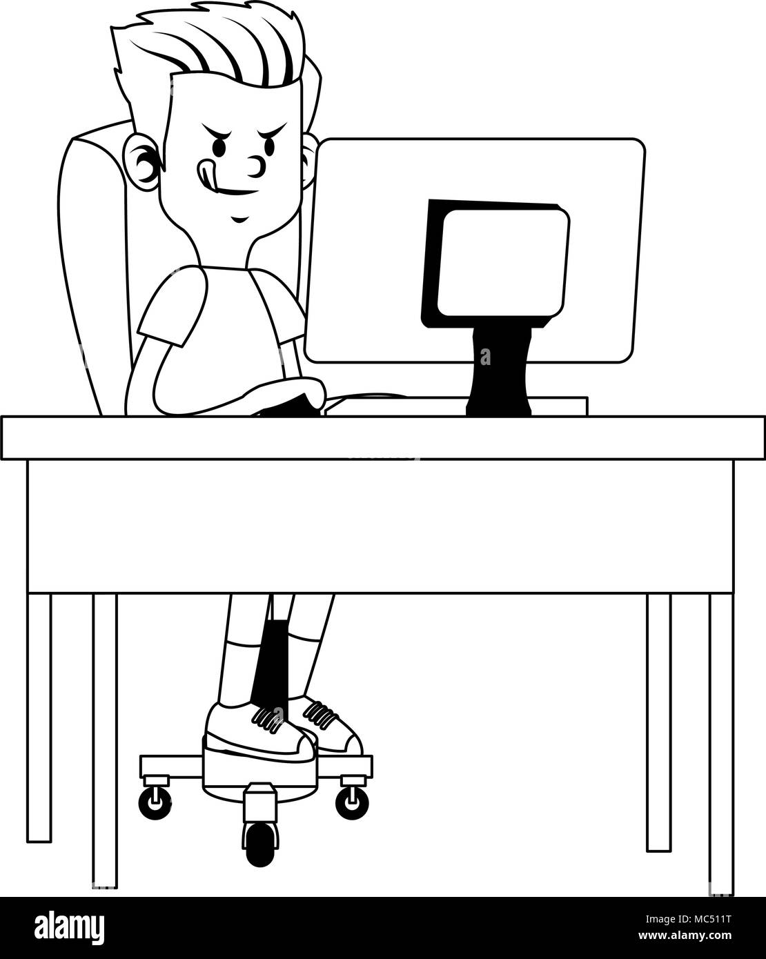 Idle boy utilizzando computer in bianco e nero Illustrazione Vettoriale